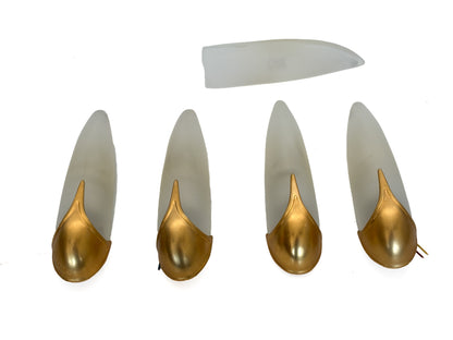 4x Wandleuchte 1950er Jahre Maisform + 1x Ersatzglas Gold / Weiß Art Deco