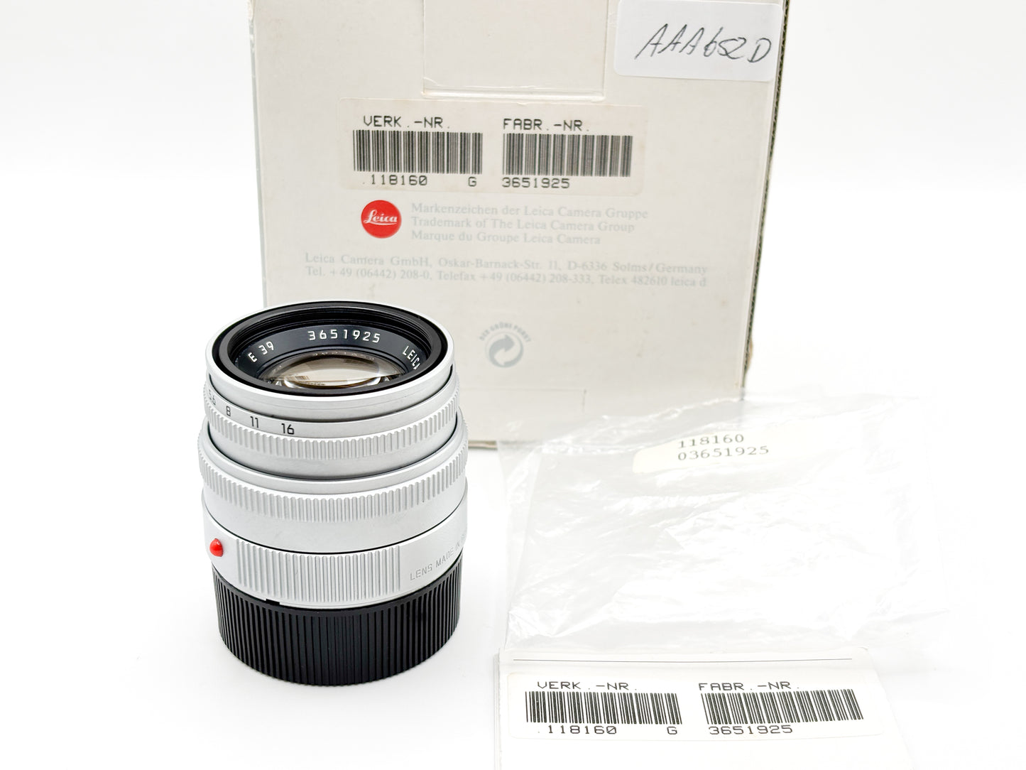 Leica Summicron-M 1:2/50mm silbern verchromt 11816 mit OVP und Papieren