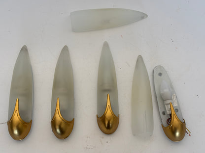 4x Wandleuchte 1950er Jahre Maisform + 1x Ersatzglas Gold / Weiß Art Deco